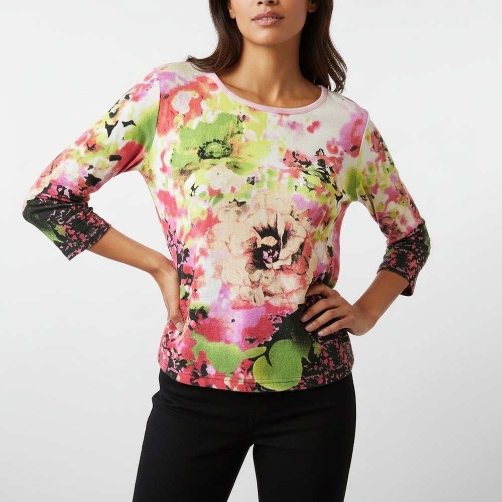 Norm Thompson Womens Floral Sequin Top Cotton Casual Small